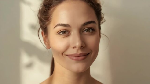 Young woman smile portrait natural light warm skin brown eyes softly smiling with gentle natural