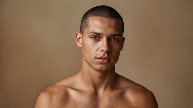 Young male adult shaved head buzz cut portrait contemplative neutral warm studio lighting shirtless