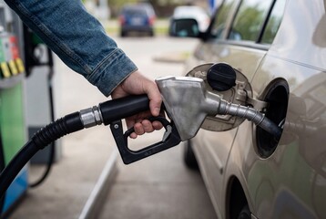 Close up of a hand holding a fuel nozzle to refuel a light colored car at a gas station