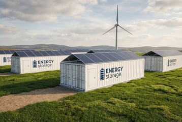 Obraz premium Hybrid renewable energy facility with battery storage, solar panels, and wind turbine