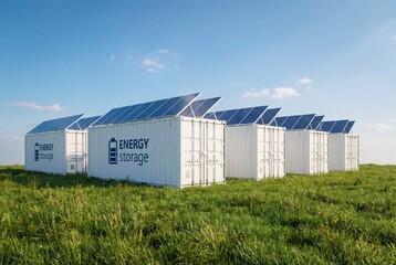 Fototapeta premium White containerized energy storage units with solar panels in grassy field