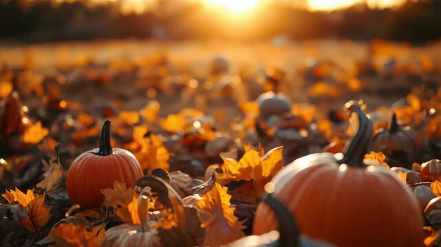 Autumn pumpkin field at golden sunset with warm leaves, pumpkin gourd leaf autumn glow