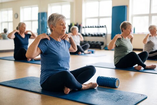 Senior woman with grey hair stretching in a yoga class