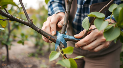 the gardener makes the grafting of a fruit tree by the splitting method. A man wraps the grafting site with electrical tape