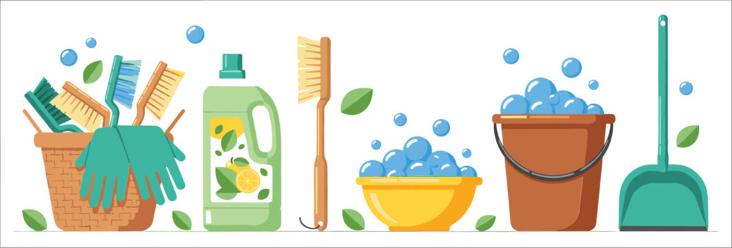 Colorful flat design banner illustration of house cleaning supplies including a basket of brushes, detergent bottle, soapy water buckets, and a dustpan with bubbles and leaves