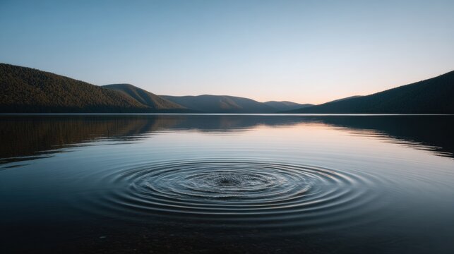 Water Ripples on a Tranquil Lake at Sunset with Distant Mountains and Golden Hour Light, Serene Nature Background for Wellness Branding and Meditation