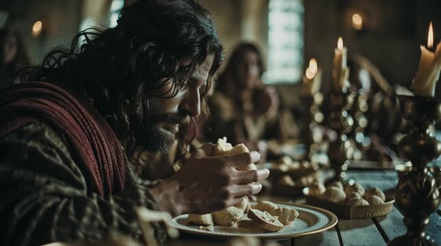 Intense portrait of jesus christ at the last supper in a dimly lit, historic setting