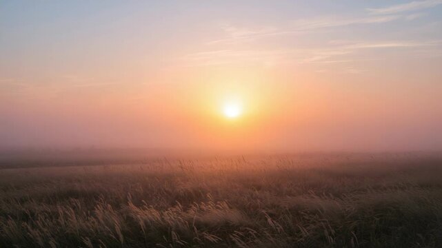 Golden sunrise over misty grassland morning field with soft pastel sky and warm sun light