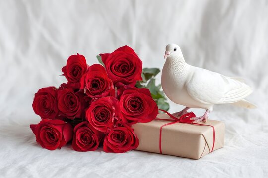 A serene white dove stands delicately on a thoughtfully wrapped brown gift box adorned with a vibrant red ribbon. Beside this peaceful messenger lies a lush bouquet of deep red roses, their petals unf