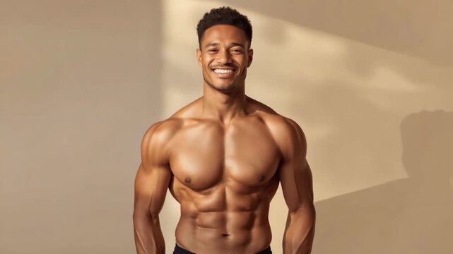 Smiling muscular man torso and chest showing defined abs, confident warm light pose