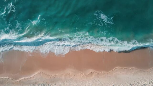 Aerial turquoise ocean wave rolling onto sandy beach with footprints foamy surf shoreline crashing