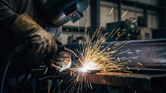 Welder welding steel beam in workshop