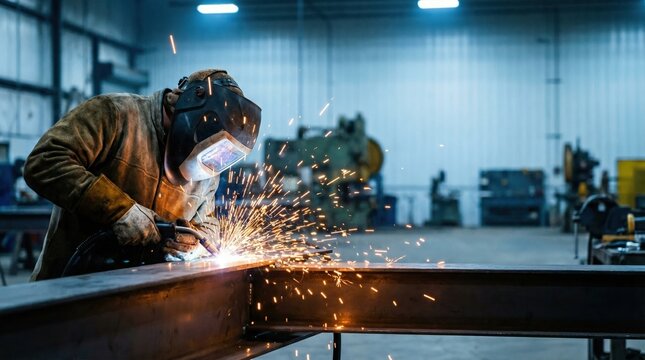 Professional welder welding a steel beam with sparks flying in an industrial workshop. Specialist technician working on metal fabrication equipment in a heavy duty manufacturing shop
