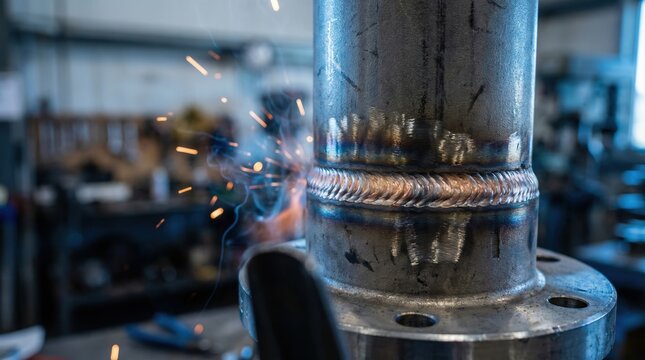 Welded stainless steel pipe flange with detailed tig bead and glowing sparks capturing molten metal texture and welding smoke representing industrial fabrication mechanical engineering and heavy