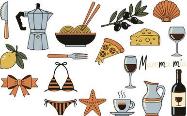 Retro Italian Summer Flat Cartoon Illustration Set, Vintage Mediterranean Summer Icons Collection © Mimizuzuhaha