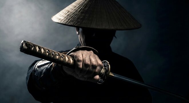 Dark cinematic portrait of a Japanese samurai warrior holding a katana sword in the shadows