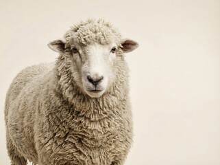 Naklejka premium Studio portrait of a cute sheep looking at the camera on a solid background