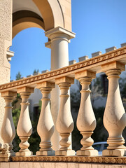 Fototapeta premium Stone balustrade with balusters for fencing and protection from falling. Palace of castle fence. Balcony handrail with marble pillars. Concept of decorative railing and architecture element.