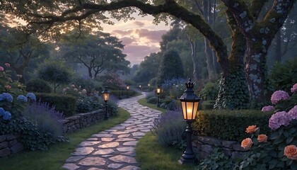 Enchanting garden pathway with lanterns at twilight in misty floral park setting