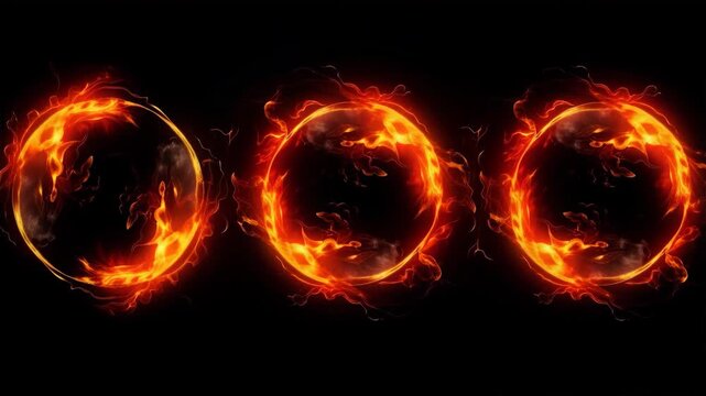 Burning Fire Rings Isolated On Black Background
