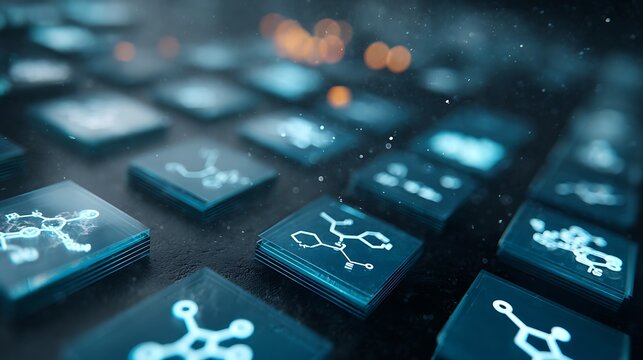 Virtual compound library grid for high-throughput screening, futuristic blue hologram UI.