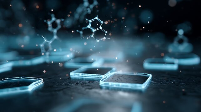 Virtual compound library grid for high-throughput screening, futuristic blue hologram UI.