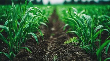 Naklejka premium Vibrant green crops growing in neatly tilled soil rows after rain, showcasing agricultural abundance