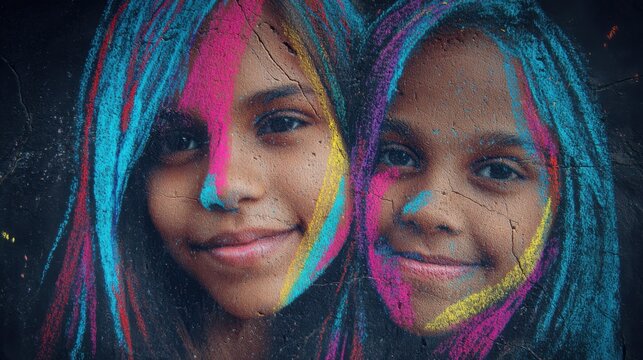 Two joyful young children with vibrant colored powder smeared across their smiling faces during a festive celebration