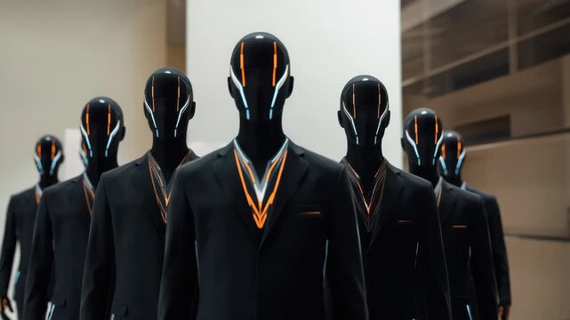 Humanoid robot android in black suit with glowing orange and blue accents standing in formation