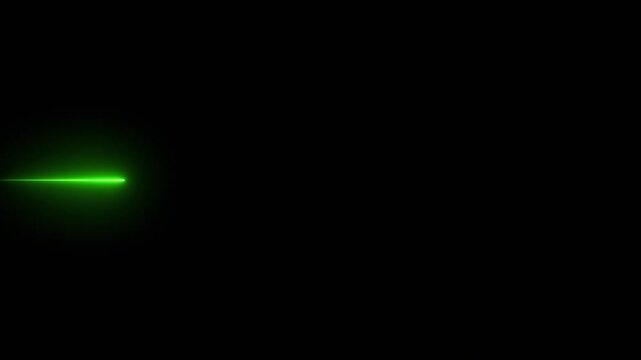 Glowing neon green straight horizontal laser line animation streaming across the screen on a black background. 