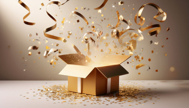 Gift Box Exploding With Confetti And Ribbons On Neutral Background
