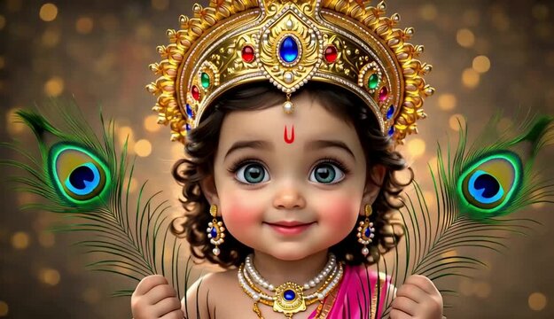 Cute Baby Krishna Illustration with Peacock Feathers, Hindu God Child Portrait, Spiritual and Devotional Art