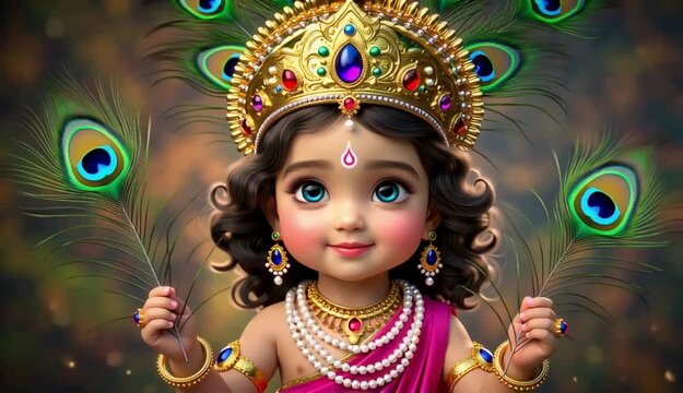 Cute Baby Krishna Illustration with Peacock Feathers, Hindu God Child Portrait, Spiritual and Devotional Art