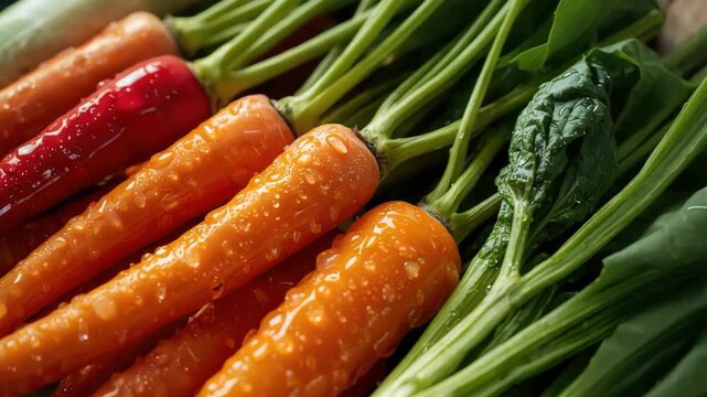 Fresh baby carrot bunch vegetable with water droplet leafy green wet carrots vibrant vegetable