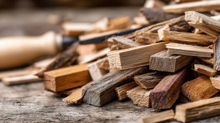 Assortment of Miniature Model Building Wood Materials in a Textured Pile
