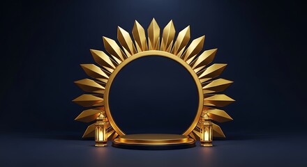 Golden Sunburst Frame with Candles on Dark Background.