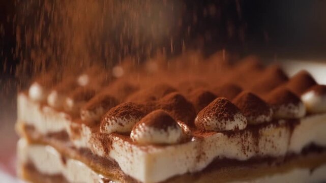 Cinematic slow motion cocoa powder dusting over creamy tiramisu cake