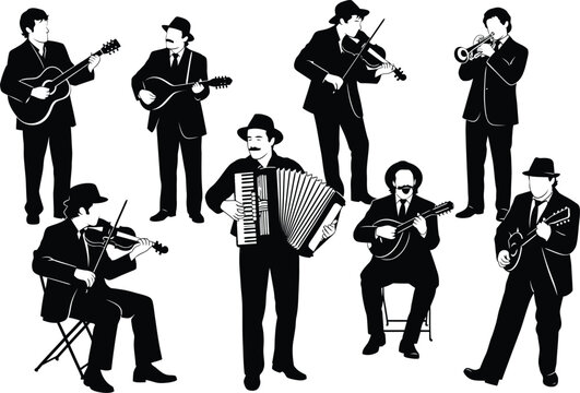 Silhouettes of a diverse band of musicians playing various instruments like guitars, violin, accordion, and trumpet, in a classic ensemble style