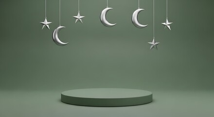 Minimalistic green background with hanging crescent moons and stars.