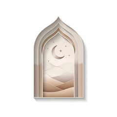 Islamic themed arched window with crescent moon and stars.