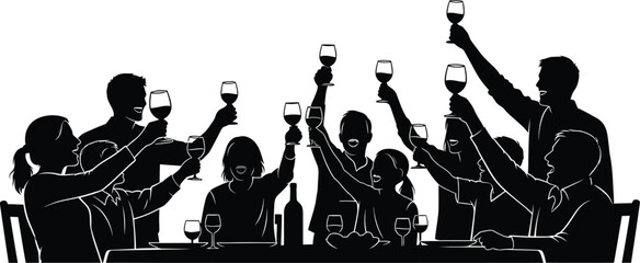 Obraz premium Celebration Silhouette: Diverse group of people toasting wine glasses at a table, symbolizing joy, success, and togetherness.