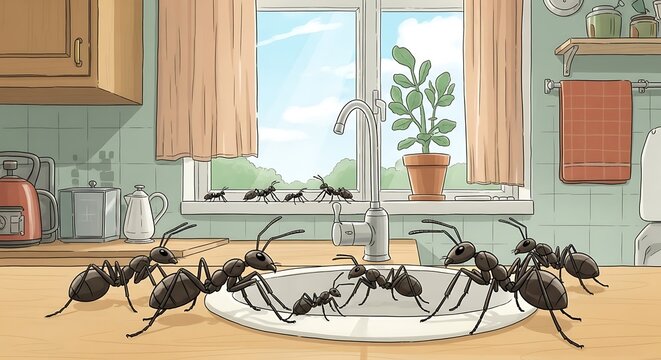 Ants Gathering Around Kitchen Sink Water.