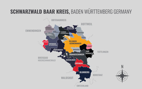 A map showing Schwarzwald Baar Kreis BW Kreise into Gemeinden in a minimalist colorful style