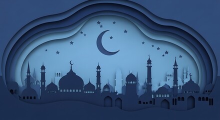 Islamic City Skyline with Crescent Moon and Stars at Night.