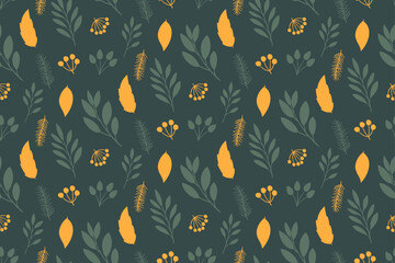 Seamless Autumn Botanical Leaf Pattern with Yellow Accents on Dark Green Background