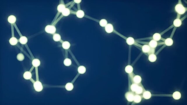 Abstract glowing network of connected spheres floats against a dark blue background, creating a futuristic