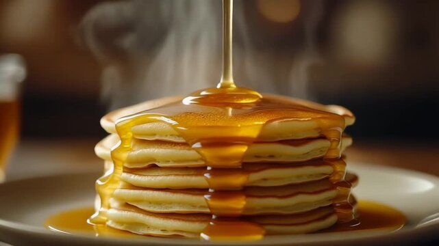 Slow motion golden honey pouring over a steaming pancake stack