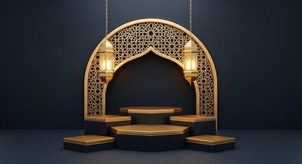 Luxurious gold archway with intricate lattice design and hanging lanterns.