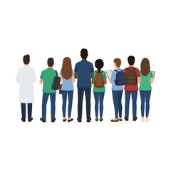 Fototapeta premium Rear view of a diverse group of students and a teacher standing together.