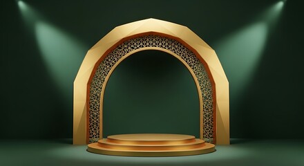 Luxurious golden archway with ornate details on a green background.